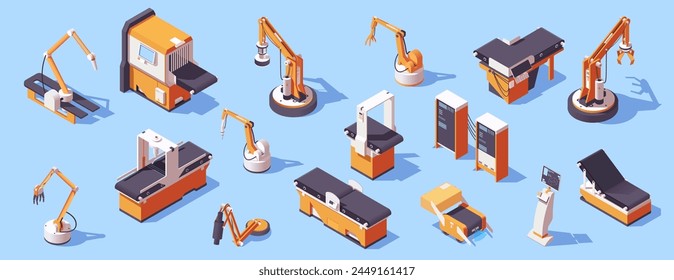 Isometric vector illustration of various industrial robotic arms and machinery on a light blue background, symbolizing automation. Vector illustration