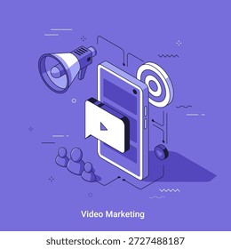 Isometric vector illustration with video marketing concept with smartphone, megaphone, and audience icons. Digital promotion strategy for business.