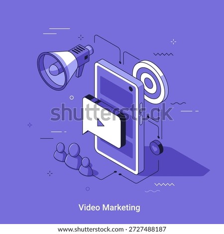 Isometric vector illustration with video marketing concept with smartphone, megaphone, and audience icons. Digital promotion strategy for business.