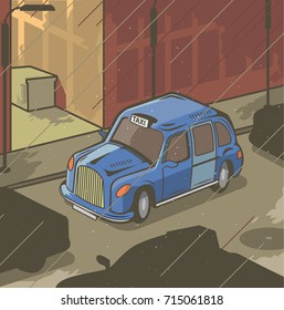 Isometric Vector Illustration Of Vintage London Taxi Car On The Street In Rain