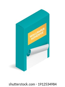 Paquete de pegamento de papel pintado de ilustración vectorial isométrica aislado en fondo blanco. Icono de caja adhesiva de papel pintado realista al estilo de dibujos animados planos. Papel de escritorio pegado. Renovación y reconstrucción.