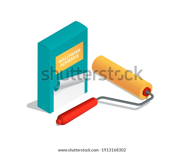 Isometric Vector Illustration Wallpaper Glue Paint Stock Vector