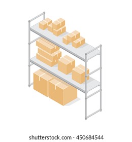 Isometric vector illustration of Warehouse Storage shelves with cardboard boxes.
Storage boxes on metal shelving.
Storehouse, goods.