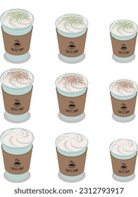 Isométrica ilustración vectorial de un café matcha caliente de café con leche mocha caramel macchiato para llevar