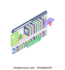 Isometric vector illustration of web page with rows of books for download on shelves on website of contemporary online library