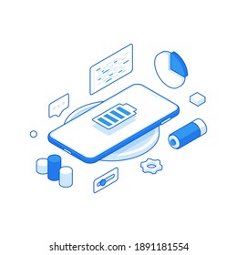 Isometric vector illustration of white and blue charged modern smartphone surrounded with minimal icons of various digital data and settings