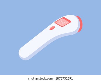 Isometric vector illustration of white and red contemporary infrared thermometer for remote body temperature measurement depicted on bright blue background