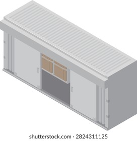 Isometric vector illustration of a wide grey metal outbuilding storage shed with open sliding door revealing stocked cardboard boxes on interior shelves