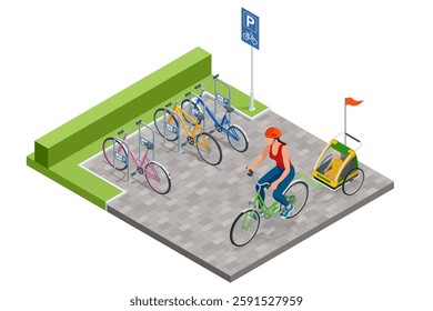 Isometric vector illustration of a woman riding a green bicycle with a baby trailer on a paved area next to a bicycle parking zone with colorful bikes and a parking sign. Bicycle, bike, path