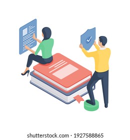 Isometric vector illustration of woman sitting on huge books and reading online document while man with shield stepping on button and affirming data safety