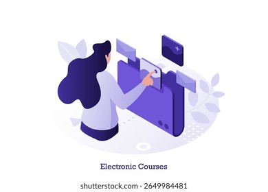 Isometric vector illustration with Woman student learning using electronic course on tablet application, online education and e-learning technology for distance study.