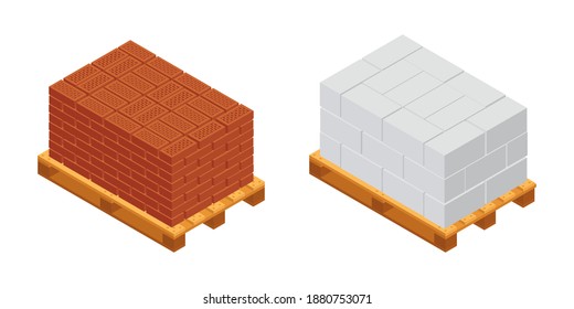 Isometric vector illustration wooden pallet with bricks and concrete blocks isolated on white background. Cinder blocks and red bricks colorful vector icon in flat cartoon style. Construction material