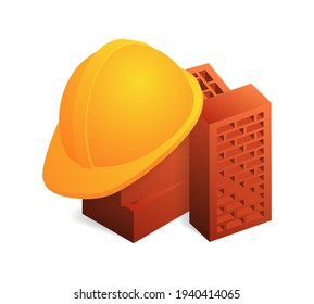 
La ilustración vectorial isométrica trabaja con sombrero duro y ladrillos aislados en fondo blanco. Icono de construcción realista o casco de seguridad de trabajo e icono de ladrillos al estilo de dibujos animados planos. Equipo de construcción.