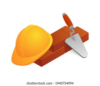 Isometric Vector Illustration Worker Hard Hat, Bricks And Trowel Isolated On White Background. Realistic Construction Or Working Safety Helmet And Bricks Icon In Flat Style. Construction Equipment.