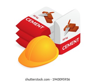 Isometrische Vektorgrafik-Arbeiter harter Hut und Zementbeutel einzeln auf weißem Hintergrund. Realistische Konstruktion oder Arbeitssicherheit Helm und Zement-Taschen Symbol im flachen Cartoon-Stil.