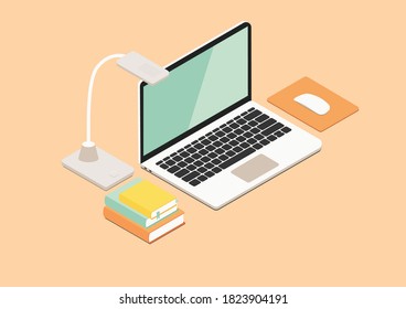 Isometric vector illustration of workplace with laptop, mouse, desk lamp and books.