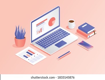 Isometric vector illustration of workplace with laptop, smartphone, books, pencil, cup of coffe and plant. Office work station. Data and statistics. Infographic.