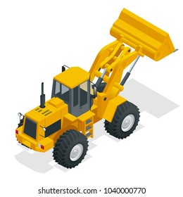 Isometric Vector illustration yellow bulldozer tractor, construction machine, bulldozer isolated on white. Yellow Wheel front loader, Industrial Vehicle. Pneumatic Truck. Manufacturing Equipment