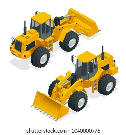 Isometric Vector illustration yellow bulldozer tractor, construction machine, bulldozer isolated on white. Yellow Wheel front loader , Front Loader. Loading Shovel. Heavy Equipment Machine.