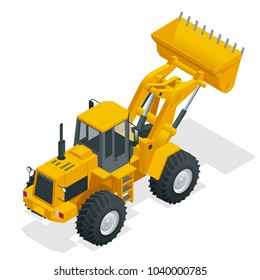 Isometric Vector illustration yellow bulldozer tractor, construction machine, bulldozer isolated on white. Yellow Wheel front loader , Industrial Vehicle. Pneumatic Truck. Manufacturing Equipment