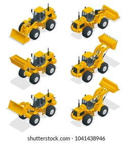 Isometric Vector illustration yellow bulldozer tractor, construction machine, bulldozer isolated on white. Yellow Wheel front loader, Industrial Vehicle. Pneumatic Truck. Manufacturing Equipment