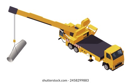 An isometric vector illustration of a yellow crane truck with a metal beam on a white background. Vector illustration