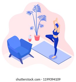 Isometric vector illustration of a  yoga girl in a tree pose  or vrksasana, exercise  at home