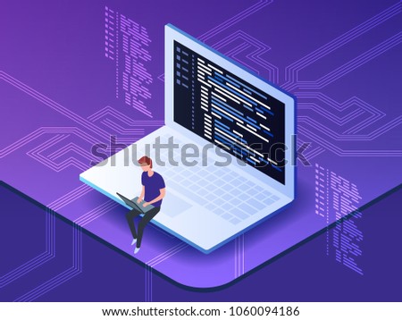 Isometric vector illustration of young programmer coding a new project using computer. Man sitting on the big laptop and working. 