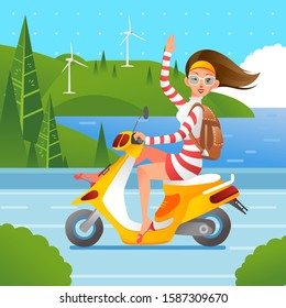 isometric vector illustration of young women waving hand while riding a motorcycle with sea and valley in the background. use for poster, fler and other