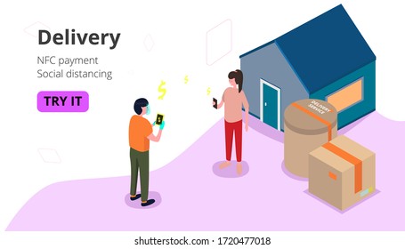 Isometric vector illustration for your web site about delivery during lockdorn, quarantine. Man in face mask and gloves with box and woman with phone. House. No contact concept and social distancing.