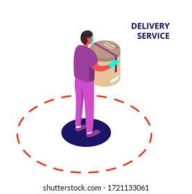 Isometric vector illustration for your web site about delivery during lockdorn, quarantine. Man in face mask and gloves with box. Social distancing.