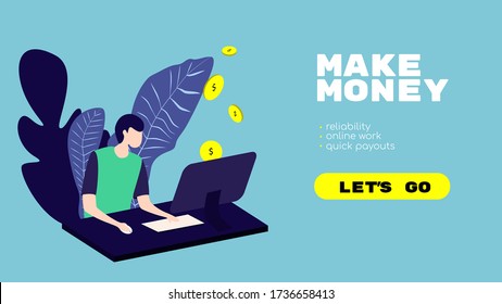 Isometric vector illustration for your web or app. Сoins, dollar symbol from the monitor. First page for website about make money, online work. Plants.