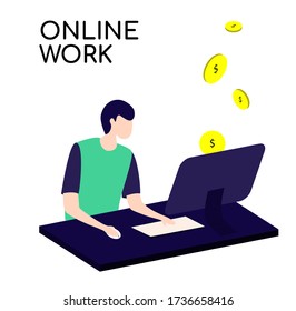 Isometric vector illustration for your web or app. First page concept about online work. Сoins, dollar symbol from the monitor.