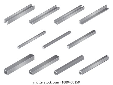Isometric vector illustrationd different metal profile and tubes isolated on white background. Set of steel beam tubes and pipes vector icons in flat cartoon style. Steel construction materials.
