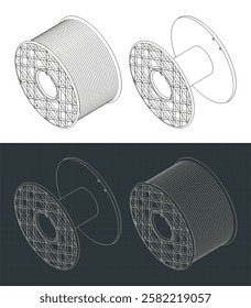 Isometric vector illustrations of blueprints of cable reel with and without cable