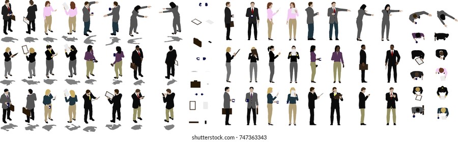 Isometric vector illustrations of businessmen and businesswomen.  Includes isometric, side, front, and top views with drop shadows separate.  Styled to be more realistic/serious and less "cartoon".