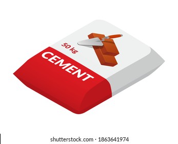 Isométricas ilustraciones vectoriales de bolsas de cemento aisladas en fondo blanco. Icono del vector del saco de papel. Bolsa de cemento isométrico de dibujos animados con una foto de una carreta y ladrillos. Materiales de construcción.
