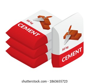 Isometric vector illustrations of cement bags isolated on white. Paper sacks vector icon. Cartoon isometric cement bags with a picture of a trowel and bricks. Building materials.