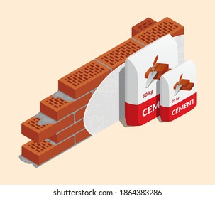 Isométricas ilustraciones vectoriales de bolsas de cemento y nueva pared de ladrillo rojo con mortero de cemento. El papel saca icono vectorial para el diseño industrial. Sacos de cemento isométrico y ladrillo de dibujos animados. Materiales de construcción.