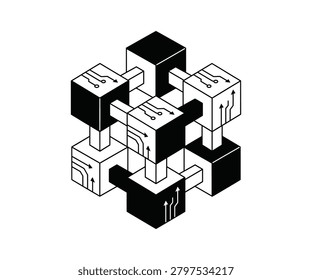 Isometric vector illustrations of connected blocks and digital modules, representing technology and data.