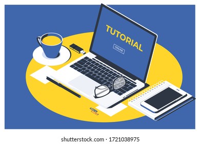 Isometric vector illustrations design Online video tutorial concept. Education and online courses, web tutorials, e-learning