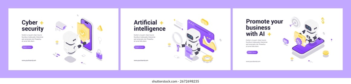 Isometric vector illustrations featuring AI robots enhancing cybersecurity, automating data analysis, and driving business promotion with innovative technology and smart digital tools.