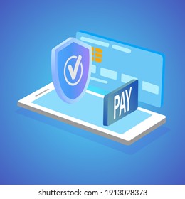 Isometric vector illustrations of mobile data security. The concept of an online payment protection system with a smartphone and a credit card. Secure online banking transaction.