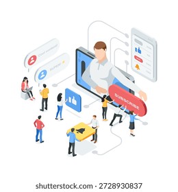 Isometric vector illustrations of people on a video platform clicking the subscribe and like buttons and leaving comments under a video where the author offers to subscribe to his channel, in color on a white background