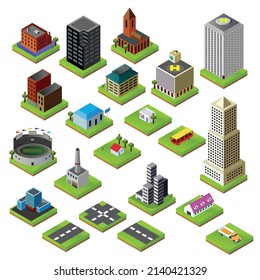  isometric vector illustrations representing various city elements, including residential and commercial buildings, a hospital, a church, a factory, and different roads, isolated vector illustration