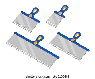 Isométricas ilustraciones vectoriales de las mallas enrolladas del trabajador de la pared aisladas en blanco. Juego de iconos vectoriales de cuchillas de tamaño diferente. Espátula de dibujos animados con mango de plástico azul y amarillo. Herramienta de construcción.