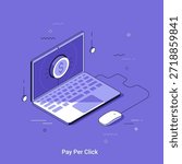 Isometric vector illustrtion with laptop and computer mouse with dollar coin on screen. Pay per click advertising concept, online income, and digital marketing.