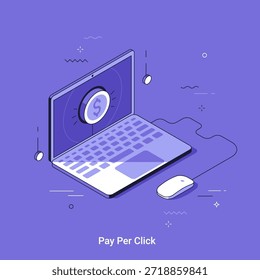 Isometric vector illustrtion with laptop and computer mouse with dollar coin on screen. Pay per click advertising concept, online income, and digital marketing.