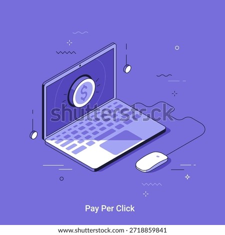 Isometric vector illustrtion with laptop and computer mouse with dollar coin on screen. Pay per click advertising concept, online income, and digital marketing.