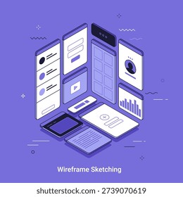 Isometric vector illutration, design of wireframe sketching for user interface layout. Digital development concept for web page or mobile application UX prototyping.